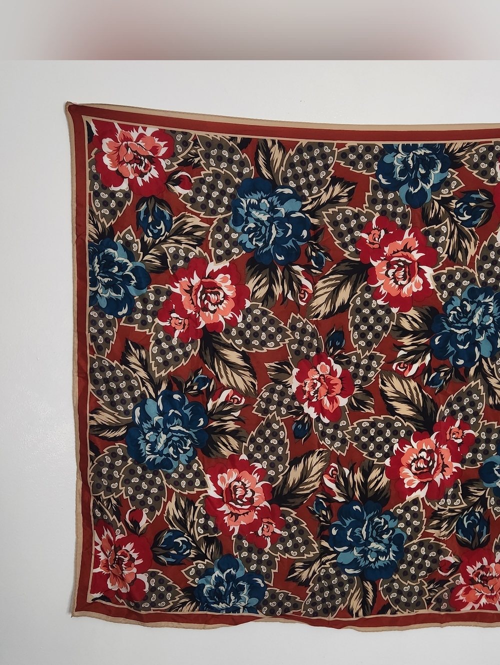 Vintage Albert Nipon Silk Scarf 31" Rust Red Teal Floral Roses Paisley Whimsy